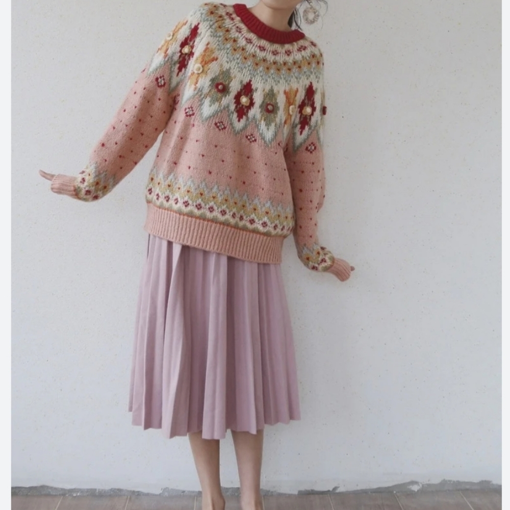 FAIR ISLE Vintage Inspired Pink Knitted Thick + Warm Mohair Wool Sweater
